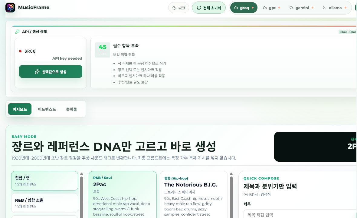 MusicFrame API와 생성 상태 패널 화면