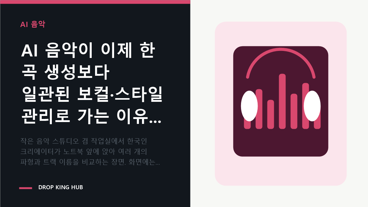 크리에이터가 같은 보컬과 스타일로 여러 AI 음악 버전을 비교하는 작업 장면