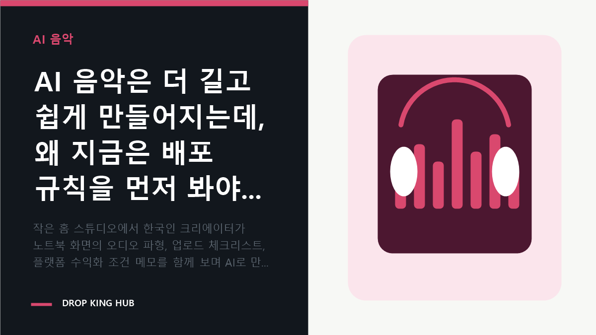 AI로 만든 음악을 공개하기 전 업로드 규칙과 운영 기준 조건을 점검하는 크리에이터 작업 모습