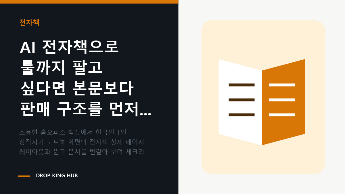 창작자가 전자책 원고와 상세 페이지 구조를 함께 점검하는 작업 장면