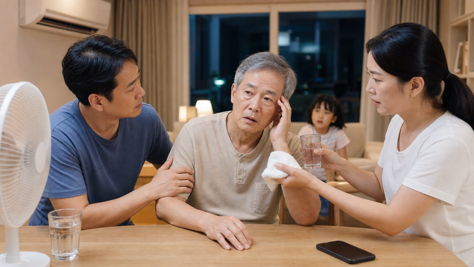 폭염이 이어지는 밤, 반응이 느리고 혼란스러운 어르신의 상태를 가족이 물과 젖은 수건으로 살피는 모습