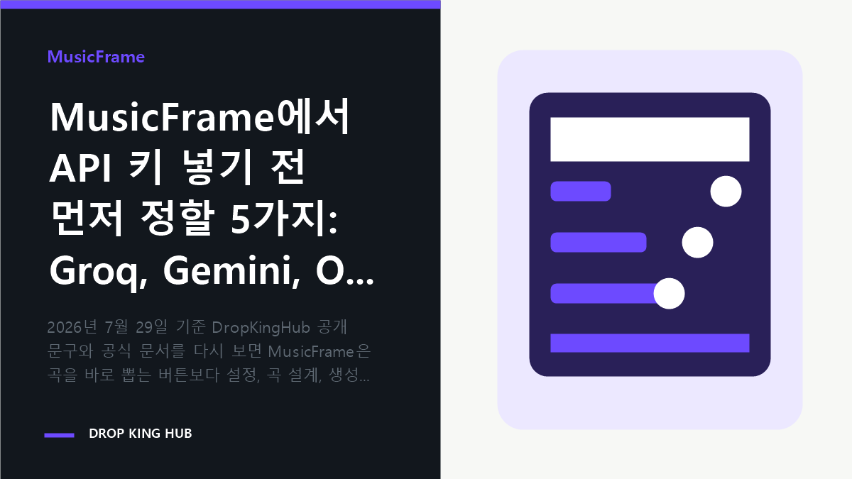 MusicFrame에서 API 키 넣기 전 먼저 정할 5가지: Groq, Gemini, Ollama 연결 경로부터 관련 핵심 내용을 시각적으로 정리한 DropKingHub 편집 이미지