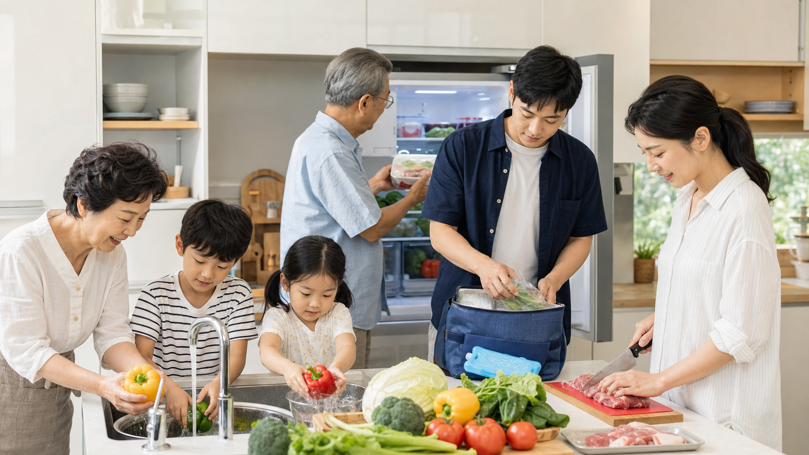 여름철 식품안전을 위해 식재료를 씻고 구분해 보관하는 가족