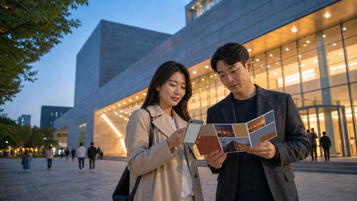 문화시설 앞에서 휴대폰 일정과 안내 책자를 비교하는 두 사람