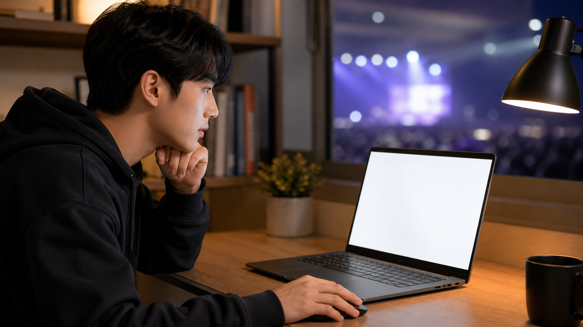 한 청년이 저녁 책상에서 빈 노트북 화면을 보며 콘서트 예매를 준비하는 모습