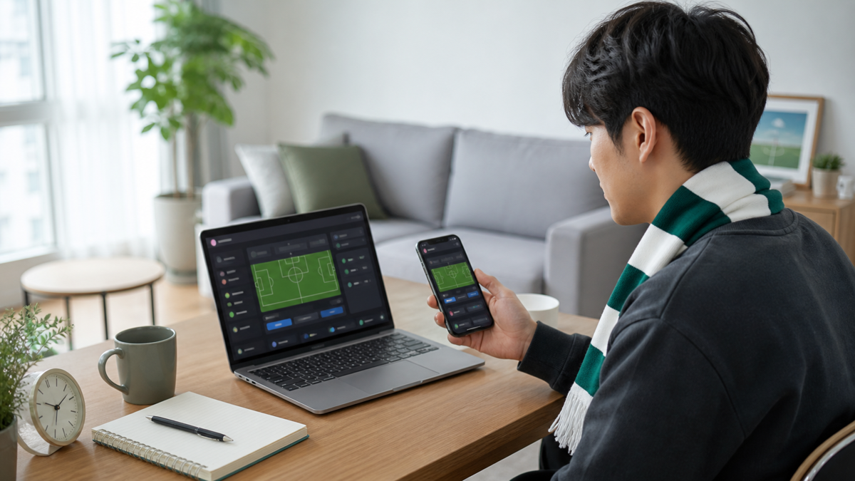 축구 팬이 노트북과 스마트폰에서 공식 경기 정보를 대조하는 모습