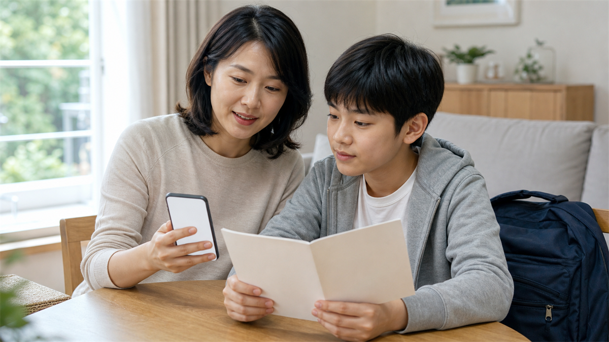 예방접종 일정표를 함께 확인하는 가족의 가을 건강 점검 장면